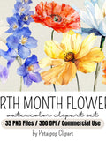 Birth Month Flowers Clipart, Flower Vases, Birth Flower Bouquet for Personalized Gifts, Watercolor Flowers, Floral PNG Clipart, Birthday PNG birthday flower
