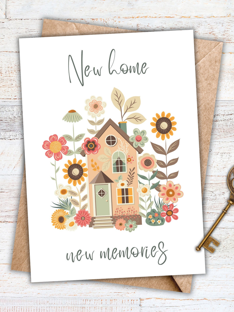 Printable Housewarming Card, New Home New Memories, Congratulations, Cottage House, First Home, Instant download, Greeting Card, 5x7 PDF house warming flower