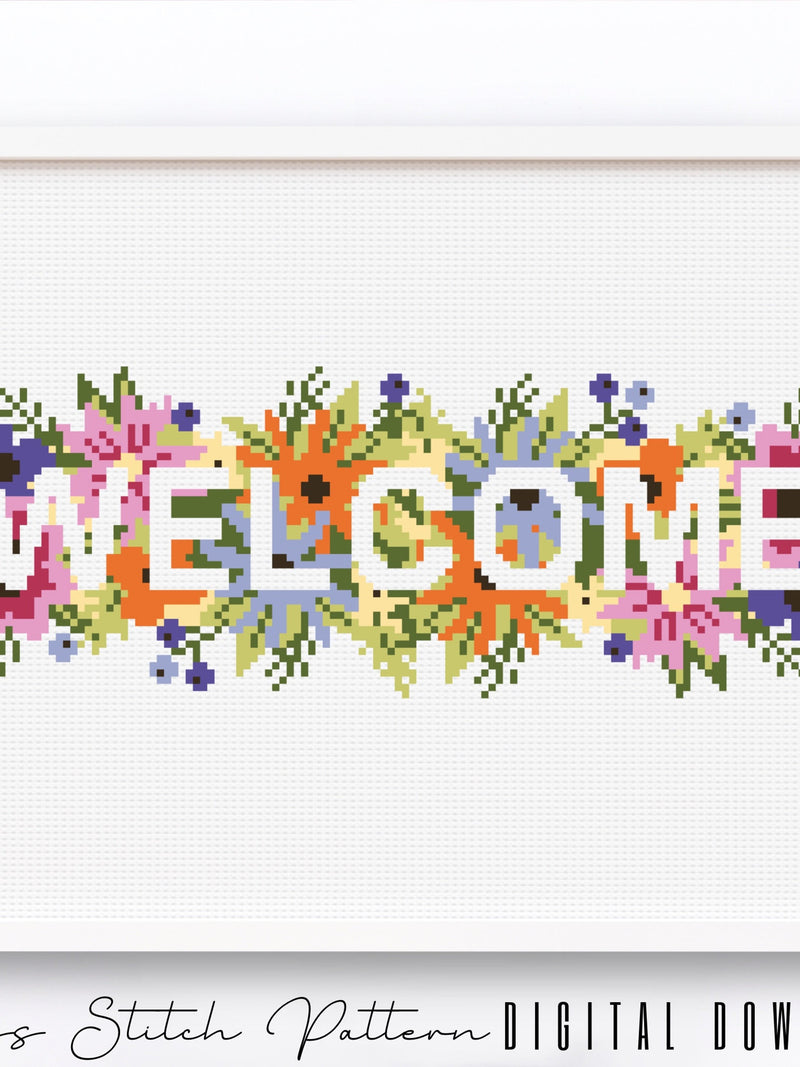 Welcome Floral Cross Stitch Pattern: Modern Embroidery (Digital Download PDF) house warming flower