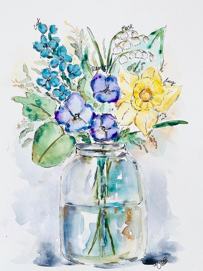 Birth Flower Family Painting In Vase, Original Watercolour Birthday Floral Painting, Personalized Floral Art, Original Vase Bouquet Painting birthday flower