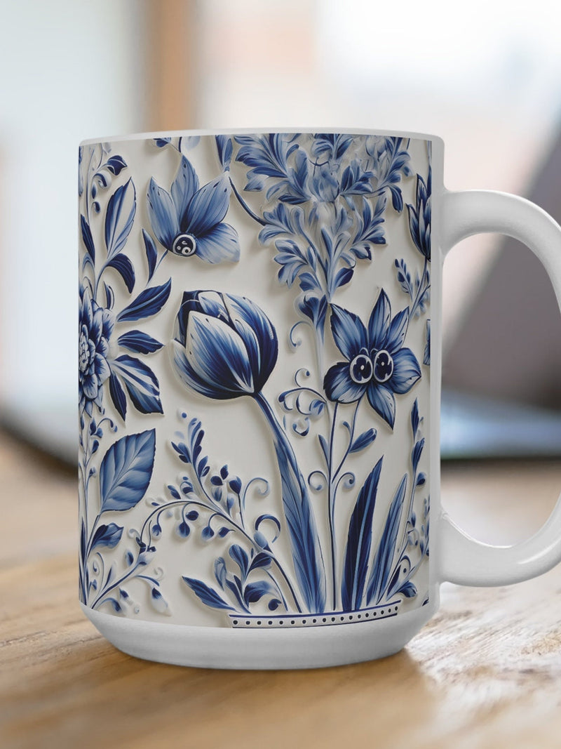 Beautiful Delft Blue-design Mug, 15oz | Gift for Her | Gift for Oma | Gift for Mom | Dutch Delft Blue Design Mug | Tulip Mug Delft Blue Oma FLOWER DELIVERY