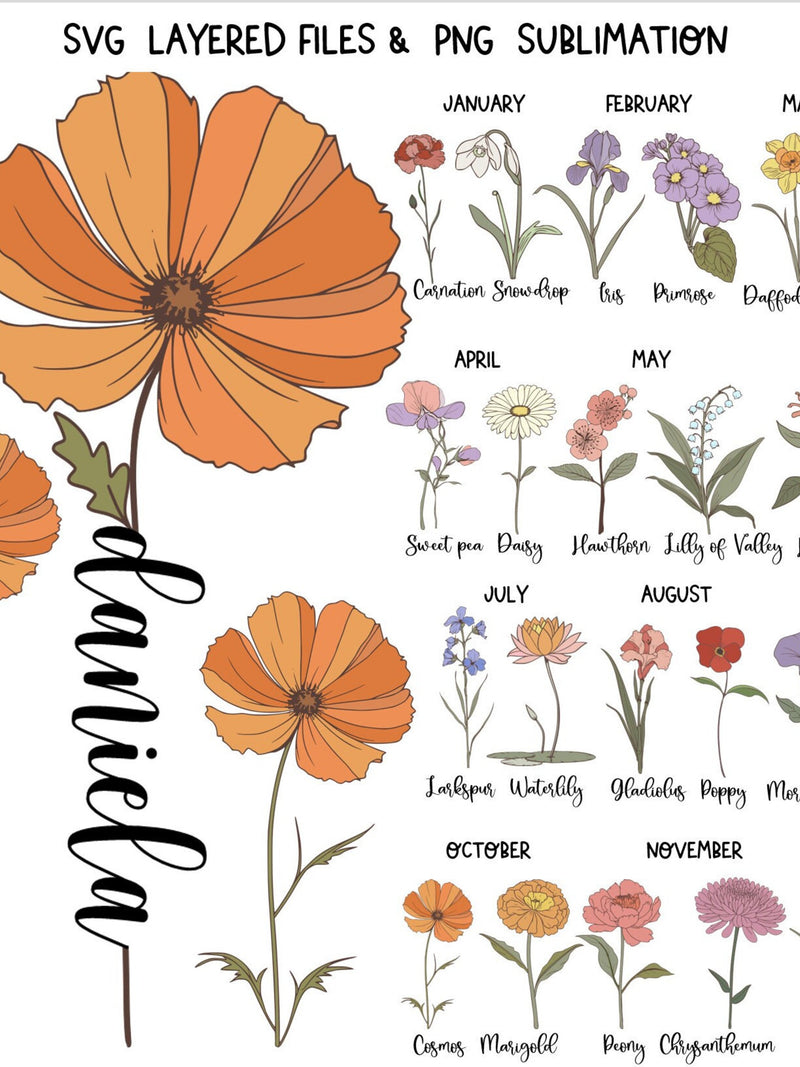 Birthday flower SVG PNG bundle Retro Birthday Svg files Vintage Birth month flowers svg Cricut Wild flowers Cut File Customize With Names birthday flower