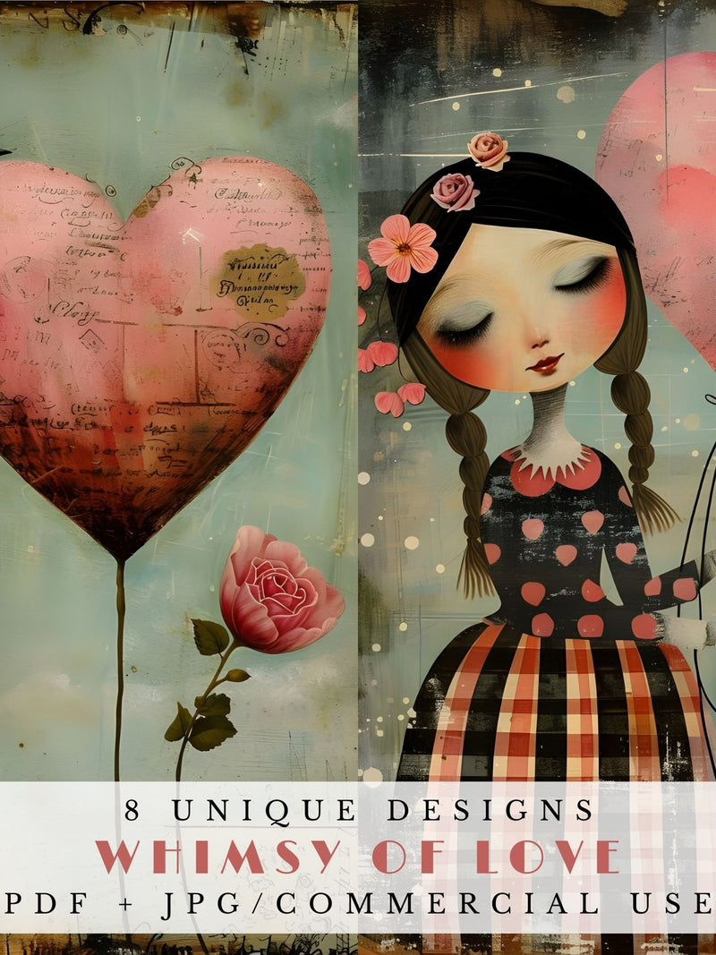 Whimsy of love, Valentine's day junk journal papers, digital papers collage sheet, printable ephemera for card making and scrapbooking Love Romance Flower