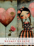 Whimsy of love, Valentine's day junk journal papers, digital papers collage sheet, printable ephemera for card making and scrapbooking Love Romance Flower