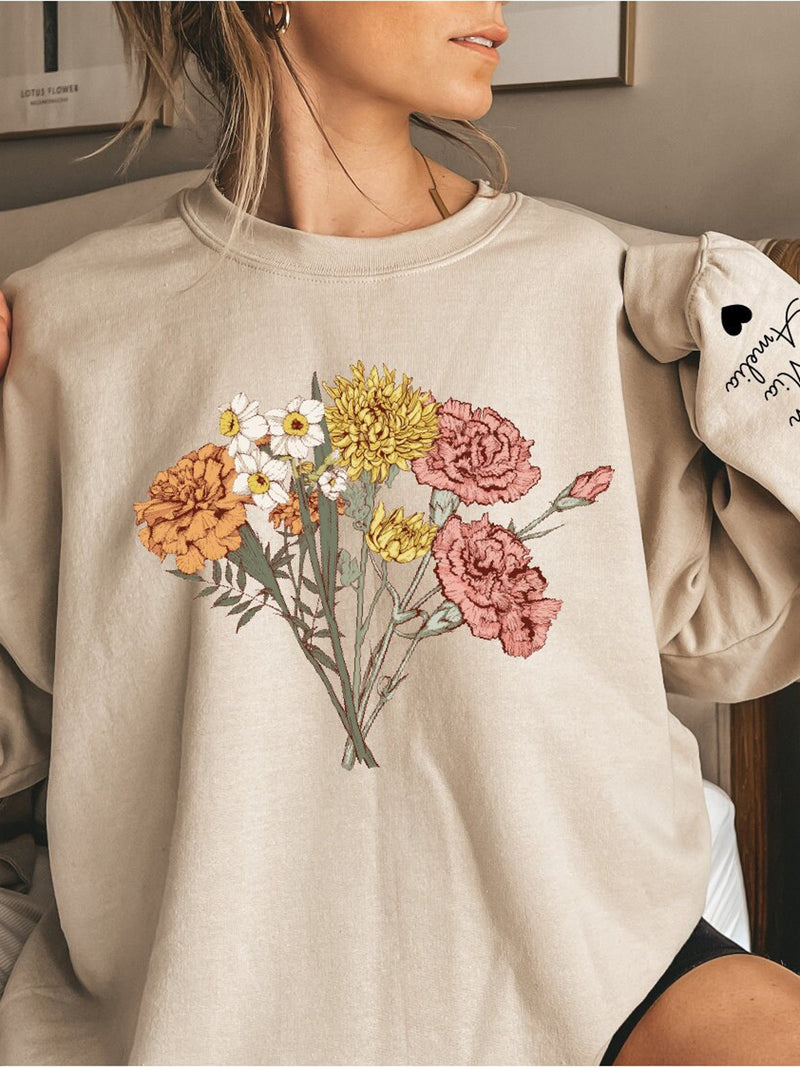 Custom Birth Month Wildflowers Bouquet Sweatshirt, Personalized Mom Gift, Grandma Garden Gift, Mothers Day Gift, Kids Name Sleeve Print MO37 birthday flower