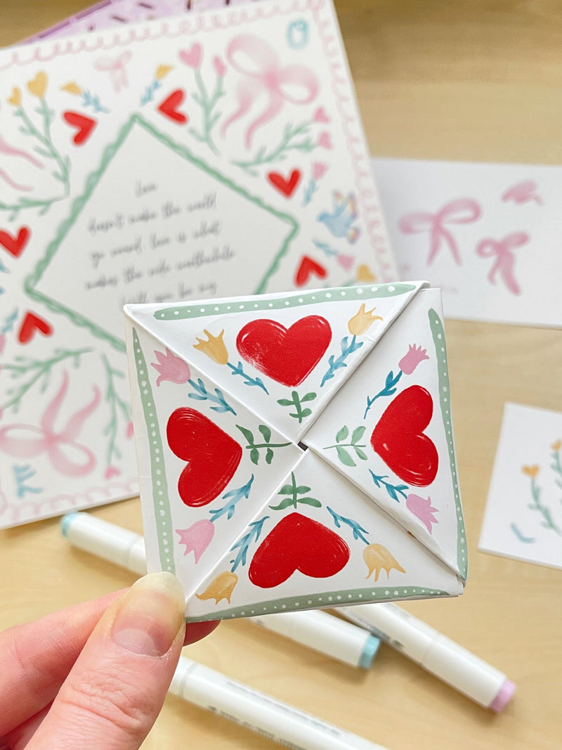Origami Victorian Love Note Puzzle Purse Instant Download - Ribbons, hearts & flowers theme | Watercolour hand drawn flowers | Valentine DIY Love Romance Flower