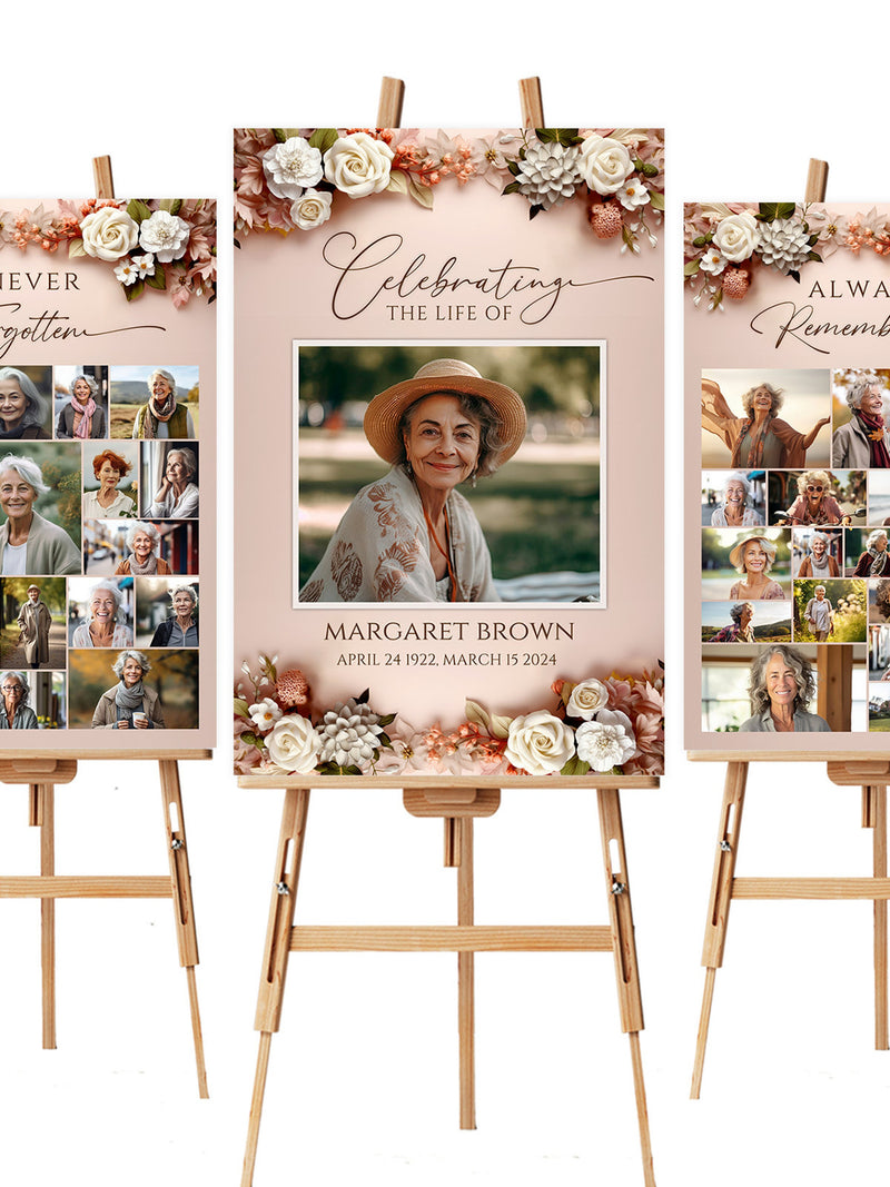 Rose Floral Funeral Welcome Sign Photo Collage Set Template, Celebration Of Life Poster In Loving Memory Poster Memory Board Memorial Poster sympathy flower