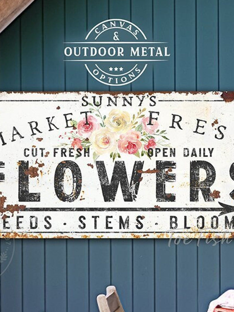Personalized Flowers Rustic Chic Fresh Flower Market Sign Custom Family Name Vintage Farmhouse Wall Decor Country Home Canvas or METAL PRINT ANNIVERSARY