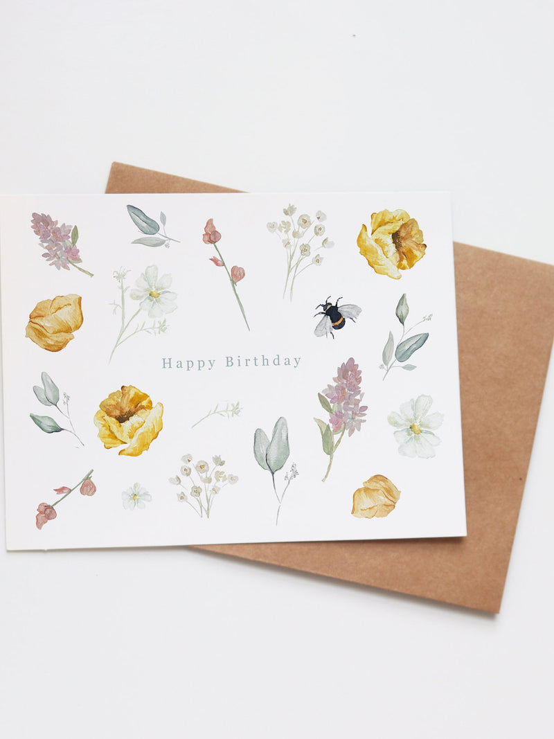 Watercolor Floral Birthday Card: Handmade Garden Bee Design birthday flower
