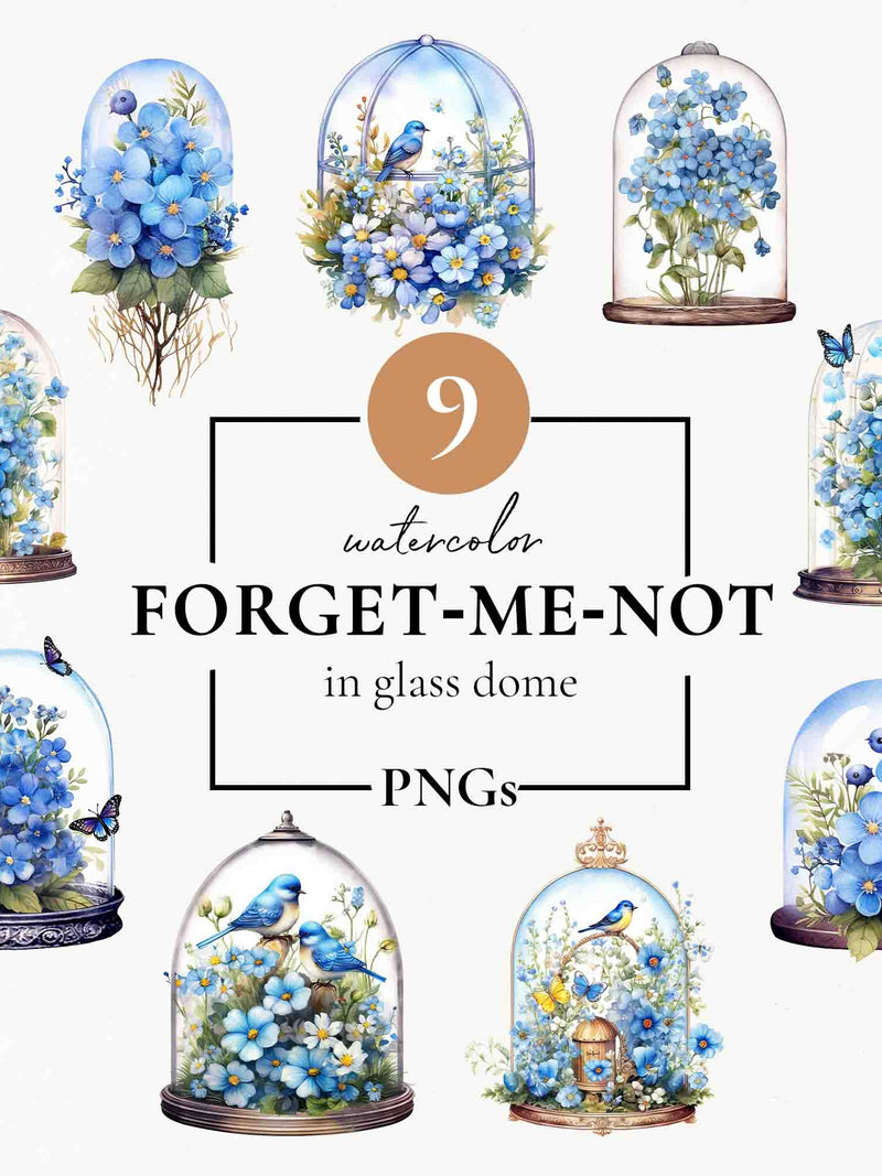 Forget Me Not Clipart Collection, Forget Me Not PNG,  Blue Flowers in Glass Dome, Sympathy Clipart, DIY Card, Junk Journal sympathy flower