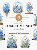 Forget Me Not Clipart Collection, Forget Me Not PNG,  Blue Flowers in Glass Dome, Sympathy Clipart, DIY Card, Junk Journal sympathy flower