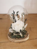 Dried and preserved flowers decoration glass bell DOUCEUR CHAMPæTRE, white eternal rose and eucalyptus gift under a glass bell FLOWER DELIVERY