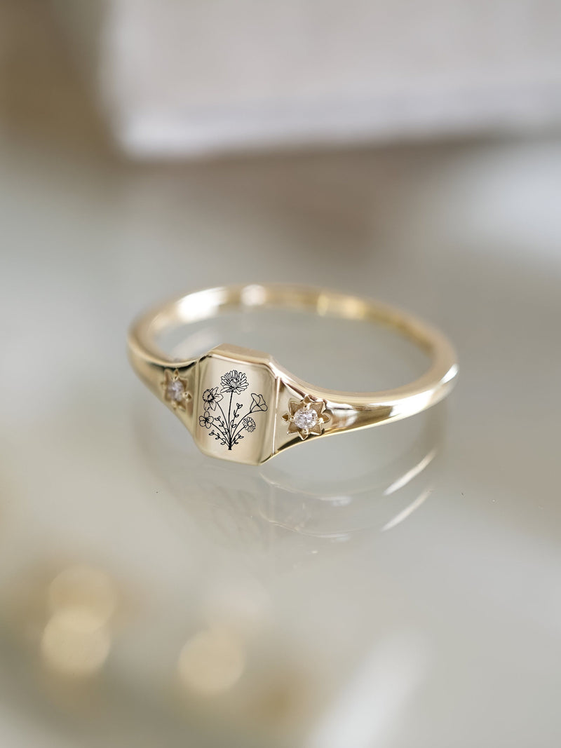 Personalized Birth flower gold ring, Statement flower rings, Dainty Birth flowers ring for women, , Custom flower ring, Minimalist ring ANNIVERSARY