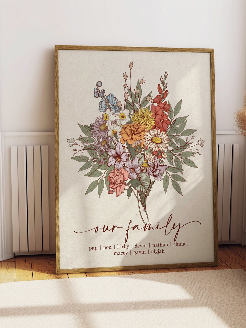Boho Birth Flower Family Bouquet Print, Birth Month Flower Gift for Mom, Mother's Day Gift, Custom Digital Wall Art Print Personalized Gifts birthday flower