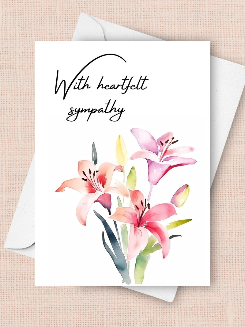 Sympathy Card, Condolences Card With Pink Watercolor Lillies, With Deepest Condolences sympathy flower