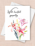Sympathy Card, Condolences Card With Pink Watercolor Lillies, With Deepest Condolences sympathy flower