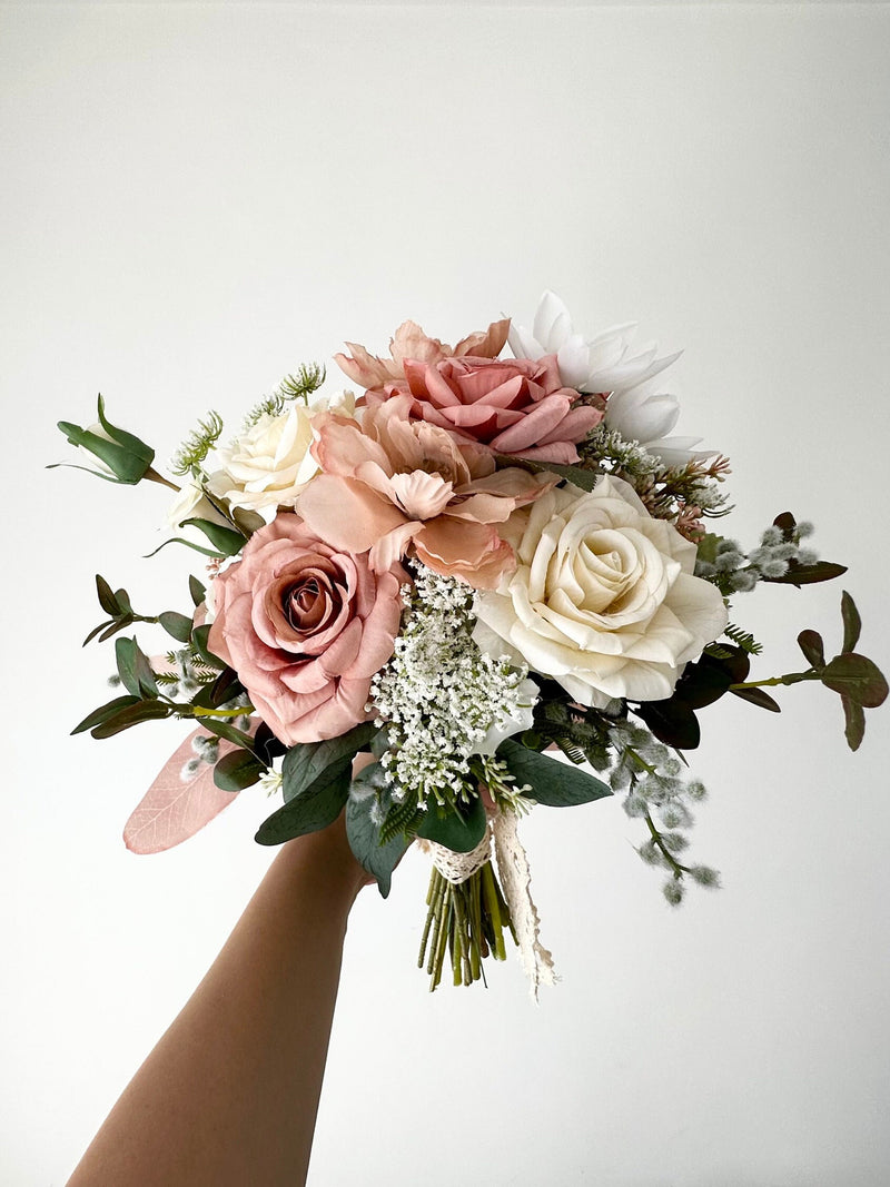 Dusty Rose Wedding Bouquet: Blush Ivory Eucalyptus, 14" Artificial Bridal Flowers wedding flower