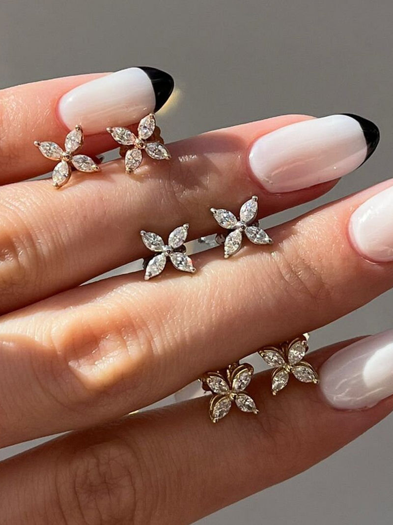 14K Gold Marquise Diamond Flower Earrings, Floral Anniversary Gift, Gift for Mom ANNIVERSARY