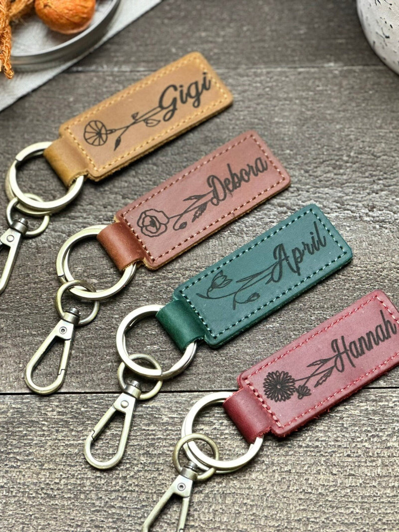 Custom Name Birth Flower Keychain, Customized birthday gift for mom, BFF Gifts, Sister Gift, Personalized Leather Keychain, Mothers Day Gift birthday flower