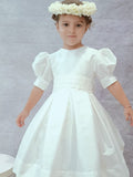 T-length Flower Girl dress classic, ivory silk with beige silk sash and big bow. Very Puffy sleeves. Under Petticoat,girl wedding dress silk flower