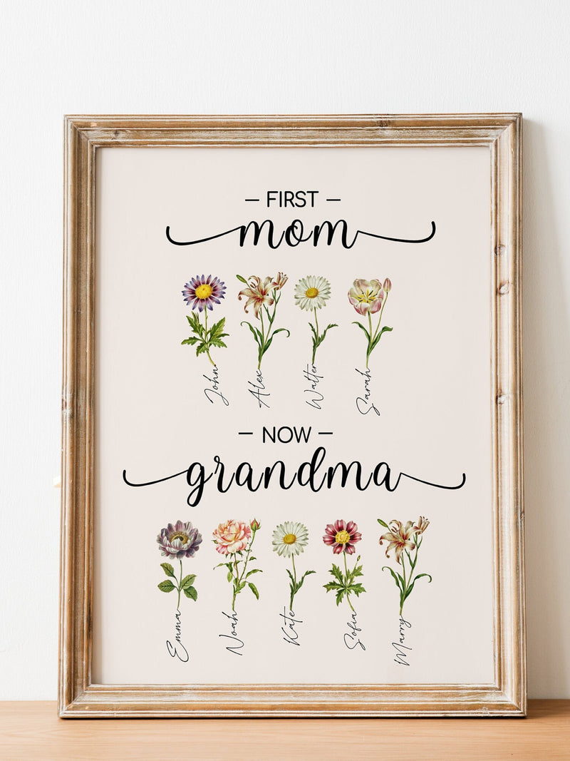 Custom First Mom Now Grandma Gift, Grandma's Garden Sign, Mother's Day Gift For Grandma, Birth Month Flower Prints, Family Flower Painting birthday flower
