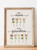 Custom First Mom Now Grandma Gift, Grandma's Garden Sign, Mother's Day Gift For Grandma, Birth Month Flower Prints, Family Flower Painting birthday flower
