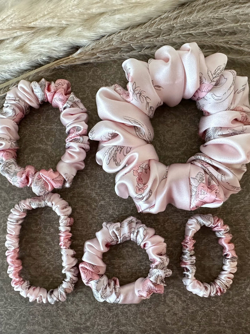 100% mulberry silk scrunchie -  digital printed vintage floral (pink roses) | bridesmaid | birthday | teacher | hair accessories | hair ties silk flower