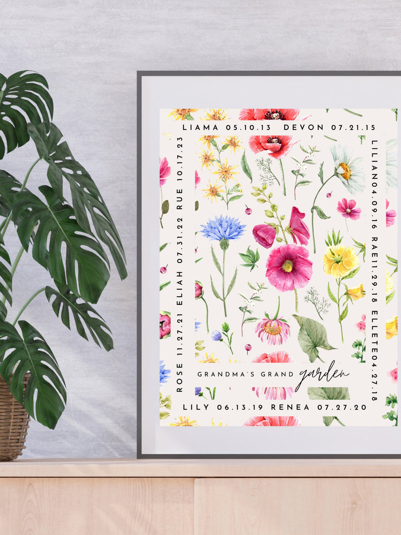 Personalized Garden Wall Art Floral Mother's Day Gift For Her Grandma Family Birthday Calendar Custom Poster House Warming Gift Flower Art house warming flower