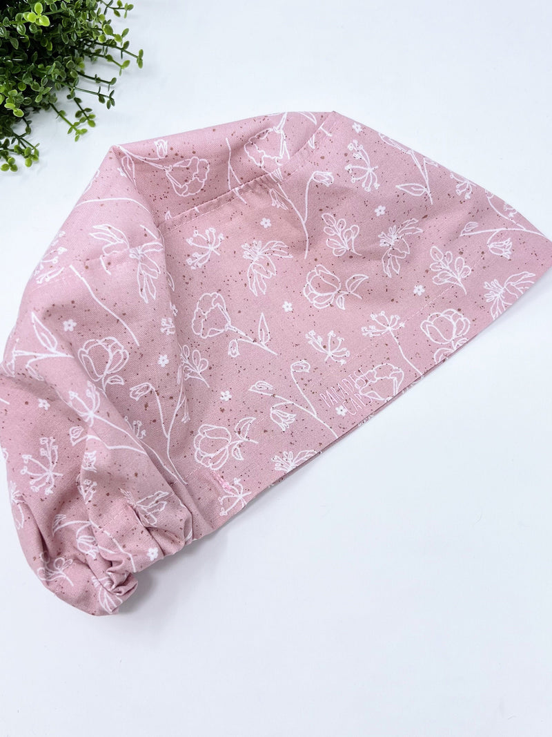 Floral Euro surgical cap with satin lined. Pink Euro scrub cap for women by Paradise Caps. FLOWER DELIVERY
