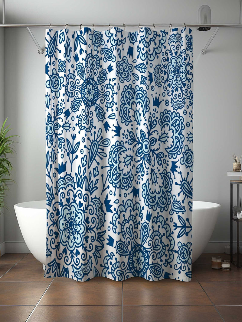 Blue floral vintage Shower Curtain, flower spring summer garden, retro mid-century bathroom Curtain Mat, home bath Decor, House warming Gift house warming flower