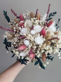 Pink White Dried Flowers Bouquet/Natural Roses Flowers Bouquet/Rustic Eucalyptus Wedding Bridal bouquet/Ivory Babies breath flower/ Bouquet