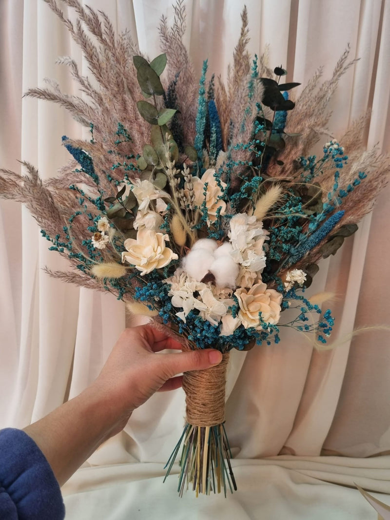 Turquoise Wedding Bouquet: Preserved Hydrangea, Pampas & Daisy wedding flower