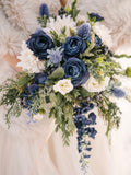 Blue wedding bouquet, wedding flowers, bridal flowers, eucalyptus, dahlia, ranunculus, destination wedding, silk flower wedding bouquet. Bouquet