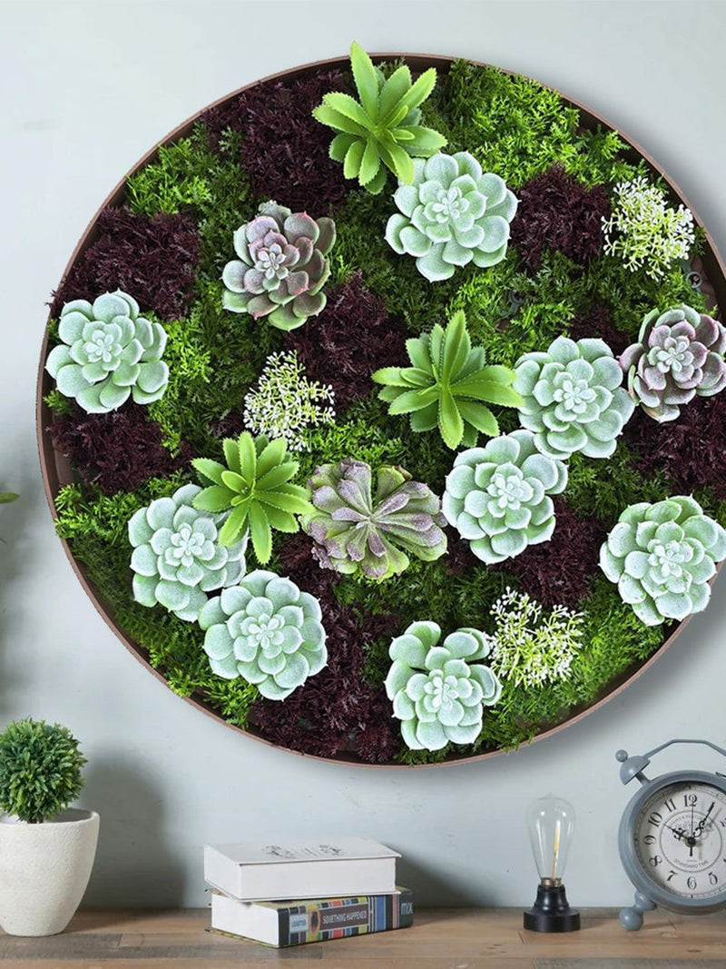 Vertical Hanging Artificial Succulent Living Wall Art - Wall Mount 3D Garden Greenery - Indoor/Outdoor Faux Plant Art Decor - 20" Circle faux plants