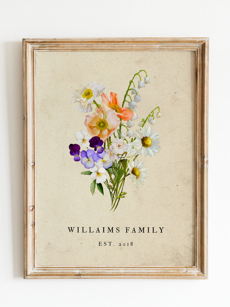 Custom Family Birth Flower Bouquet Print, Watercolor Garden Art, Personalized Mother's Day Gift birthday flower
