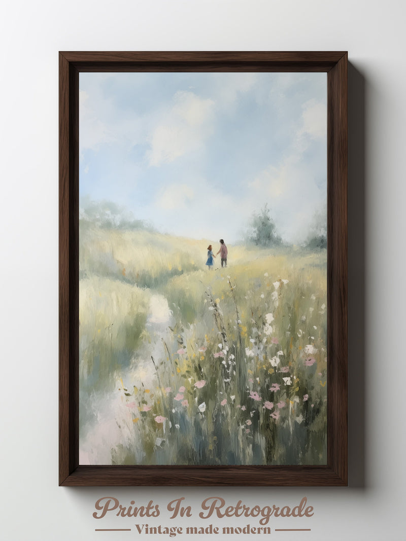Couple Walking in Meadow Digital Print - Flowers in Field - Printable Wall Art - Oil Painting - Pastel Romance In Nature - Vintage Style Love Romance Flower
