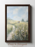 Couple Walking in Meadow Digital Print - Flowers in Field - Printable Wall Art - Oil Painting - Pastel Romance In Nature - Vintage Style Love Romance Flower