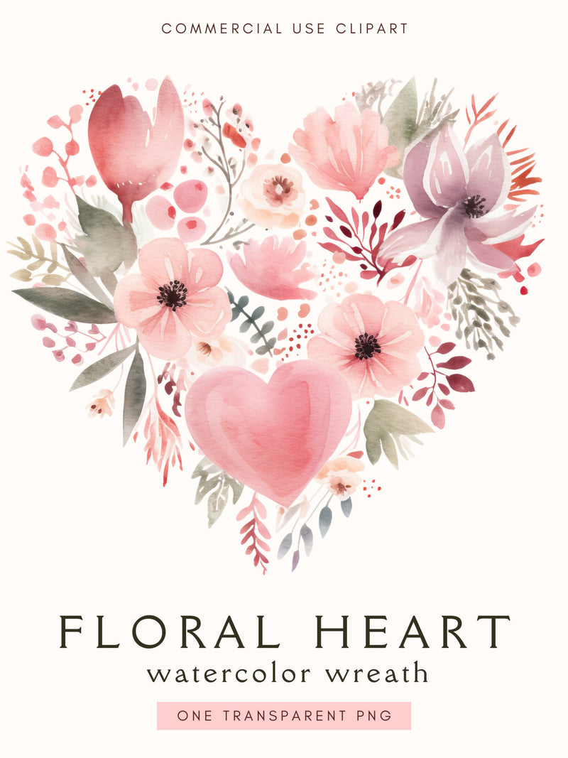 Floral Heart Clipart | Watercolor Hearts Clipart Png | Digital Paper Crafting | Wedding Clip Art | Valentines | Love | Digital Download Love Romance Flower