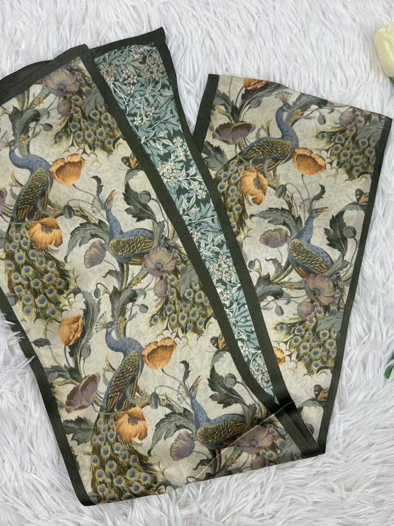 Mulberry Silk Long Scarf, Peacock Flowers Print, Vintage Style silk flower