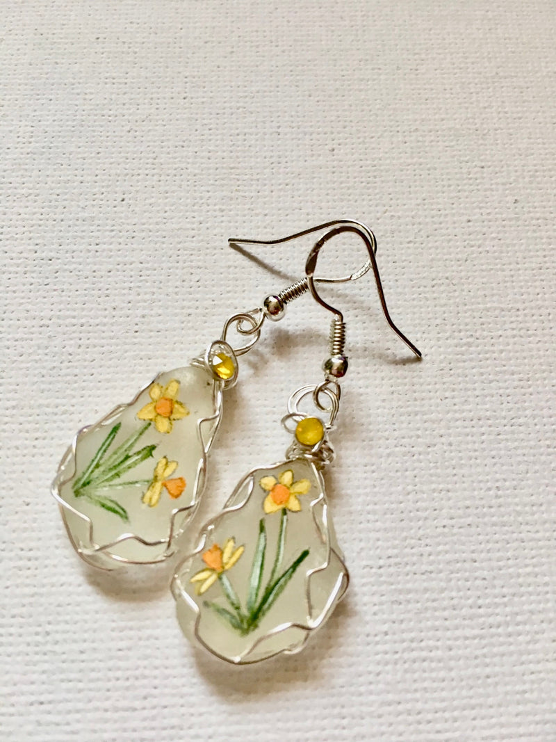 Hand Painted Daffodil Sea Glass Earrings: 925 Silver & Swarovski Crystals FLOWER DELIVERY