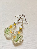 Hand Painted Daffodil Sea Glass Earrings: 925 Silver & Swarovski Crystals FLOWER DELIVERY