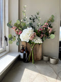Handmade Faux Hydrangea Bouquet with Pink Berries, Delphiniums, Daisies and Eucalyptus Foliage| Large Artificial Flower Arrangement FLOWER DELIVERY