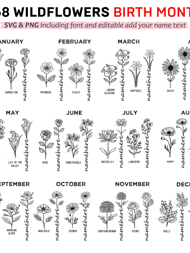 Wildflowers Birthmonth SVG, PNG bundle 568 graphics - Birth month wild flowers svg files Birthday Flower clipart Botanical instant downloads birthday flower