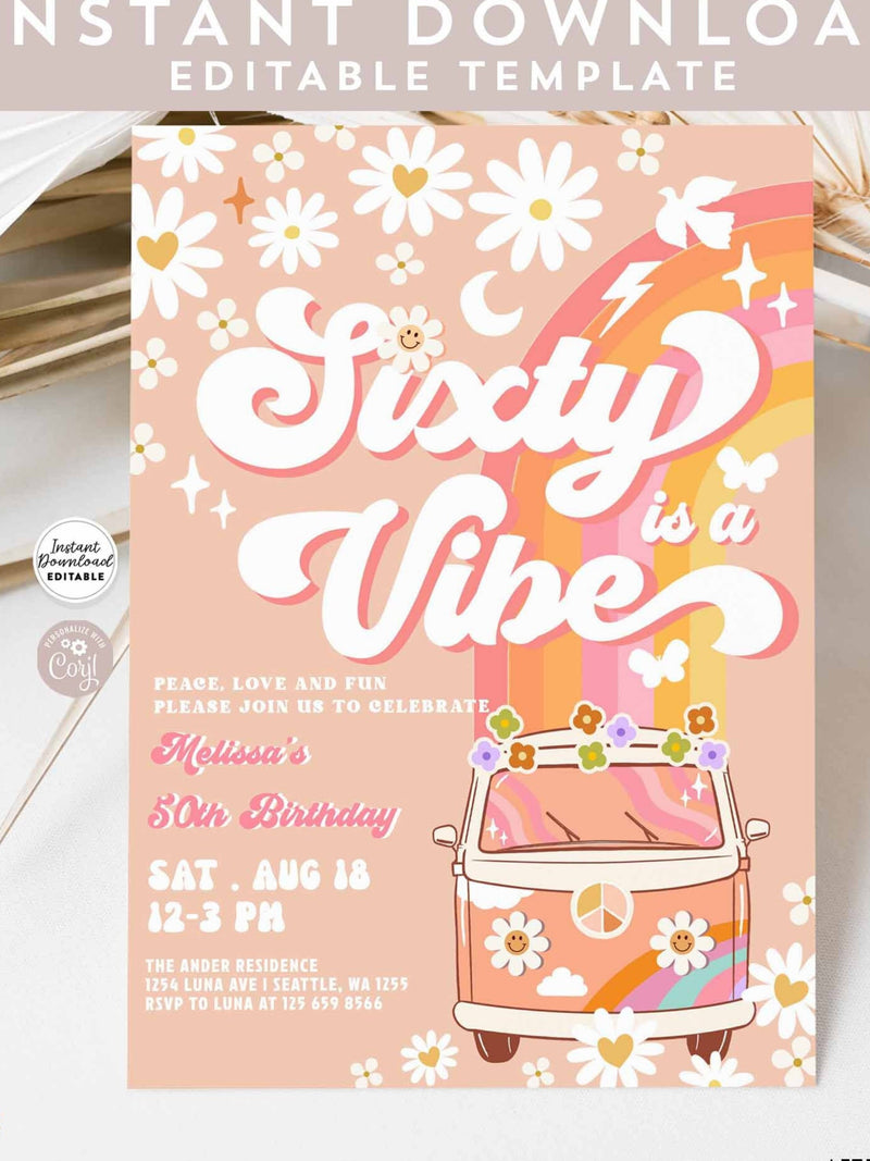 Editable SIXTY is a Vibe Van Birthday 60th Bright Pink Peach Groovy Birthday Daisy Hippie Birthday Invitation Instant Download 633K6 (60) birthday flower