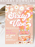 Editable SIXTY is a Vibe Van Birthday 60th Bright Pink Peach Groovy Birthday Daisy Hippie Birthday Invitation Instant Download 633K6 (60) birthday flower