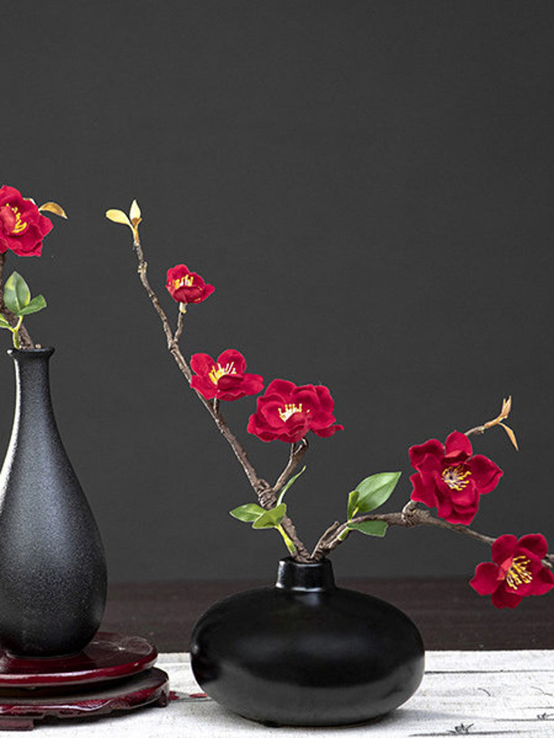 Chinese Plum Blossom Branch with Tender Leaves, Silk Plum Bloom Craft, Artificial Flower, Home Floral Decor, Wedding Arrangement Centerpiece silk flower