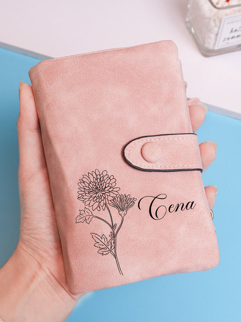 Light pink leather women’s wallet with flap clasp, birth flower and name “Cena”