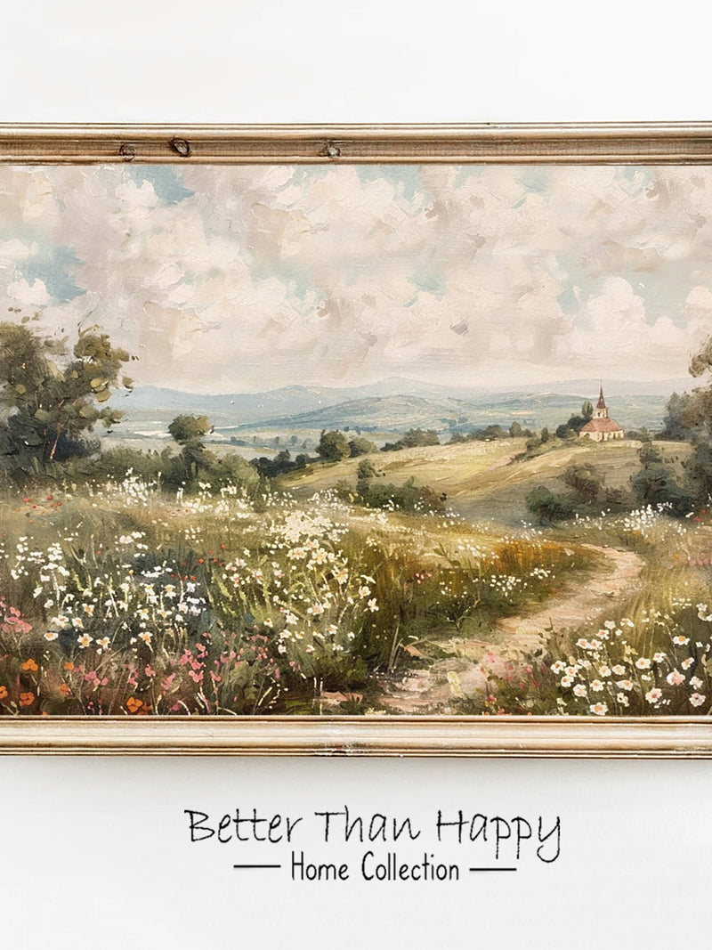 Vintage Church Landscape Print: Rustic Flower Path (Digital Download) house warming flower
