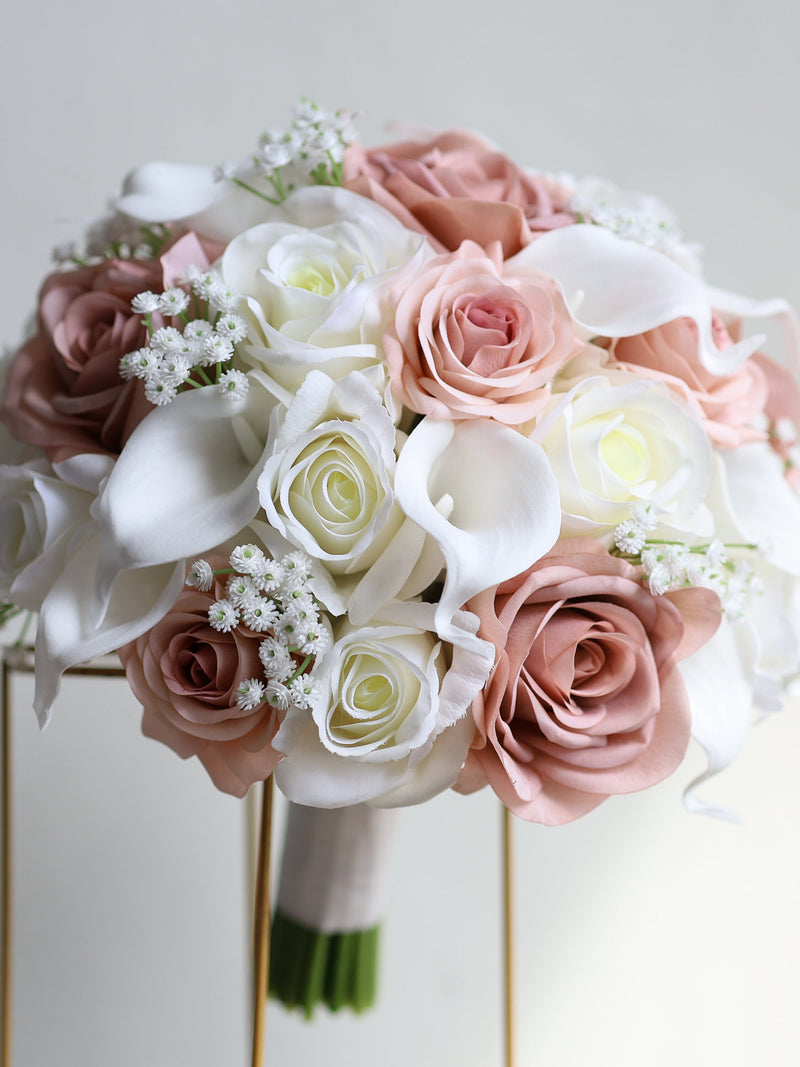 Dusty Smoky Pink And White Wedding Bouquet, Real Touch Roses, White Calla Lilies, Baby's breath Bridal Bridesmaids Bouquets, Dusty Mauve Bouquet