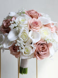 Dusty Smoky Pink And White Wedding Bouquet, Real Touch Roses, White Calla Lilies, Baby's breath Bridal Bridesmaids Bouquets, Dusty Mauve Bouquet